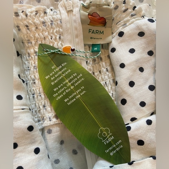 NWT Farm Rio 100% Linen Black & White Polka Dot Puff Sleeve Smocked Back Dress - Picture 10 of 10